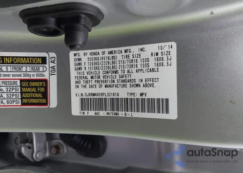 2015 Honda Cr-V Lx z USA, uszkodzony, nr VIN 5J6RM4H39FL001618